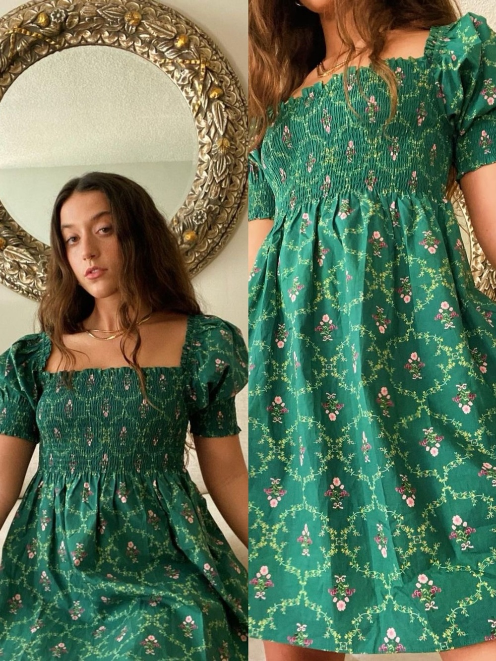 Hill House The Athena Nap Mini Dress in Emerald Trellis